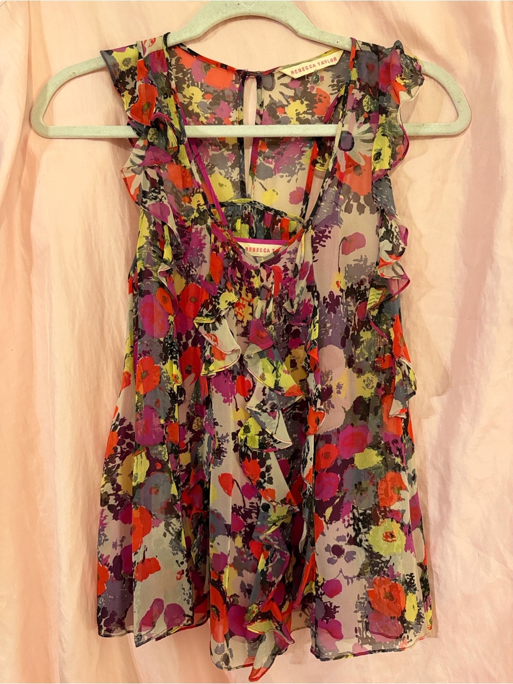 Rebecca Taylor Multicolor Floral Sheer Ruffle Blouse
